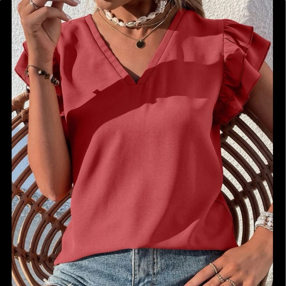 Elegant Classy Red Tiered Ruffle Butterfly Sleeve Top Blouse - Picture 10 of 11